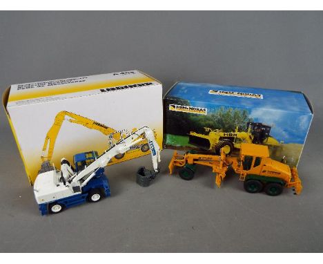 NZG - Two boxed 1:50 scale diecast NZG construction vehicles. Lot consists of NZG #638 HBM-Nobas BG 190 TA-3 Motor Grader; an