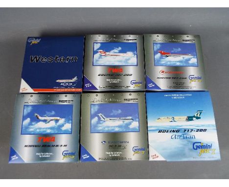 Gemini Jets - Six boxed diecast 1:400 scale model aircraft by Gemini Jets, in various liveries. Lot includes Boeing 727-200 '