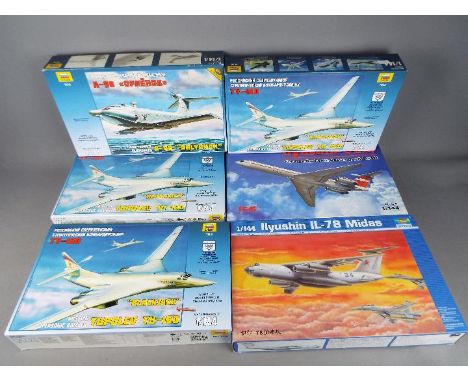 Trumpeter, ICM, Zvezda - Six boxed 1:144 scale plastic model aircraft kits.  Lot includes Trumpeter #03902 Ilyushin IL-78 Mid