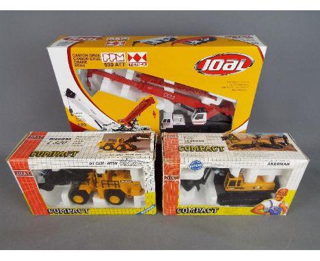 Joal - Three boxed 1:50 scale construction vehicles by Joal. Lot includes Joal #239 Michigan L320 Loader; #148 PPM Terex 530A