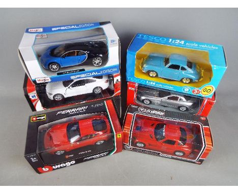 New Ray, Mondo Motors, Maisto, Bburago, Other - Six boxed 1:24 scale diecast model cars. Lot includes Bburago Ferrari Race &a