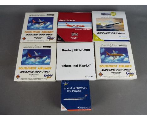 Gemini Jets - Seven boxed diecast 1:400 scale model aircraft by Gemini Jets, in various liveries. Lot includes Embraer ERJ-14