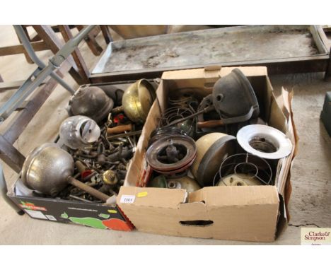 Two boxes of miscellaneous Tilley lamp spares and fonts