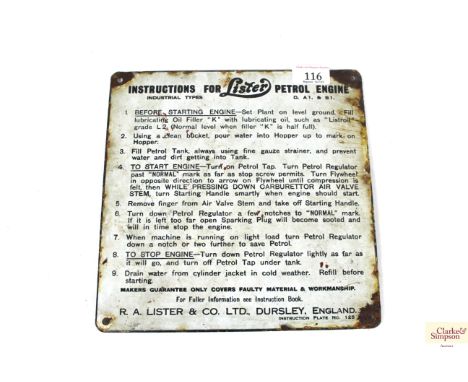 An enamel "Lister Petrol Engine" instruction plaque approx. 10" x10"