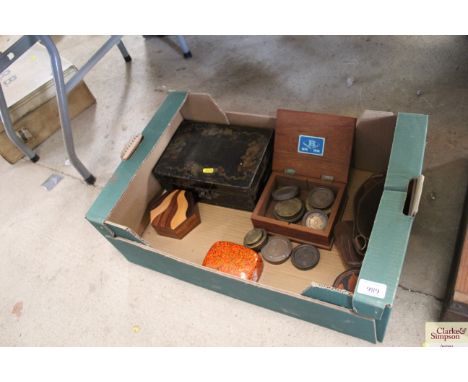 A collection of various brass weights, a Sam Brown belt, a metal ware strong box, a Kashmir type trinket box etc.