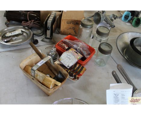 A collection of various kitchenalia including packaging, rubber rings, Kilner jars, a toffee hammer etc.
