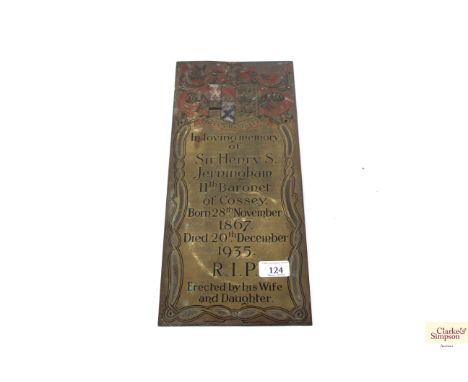 A brass and enamel decorated plaque "In Memory of Sir Henry S Jerningham, 11th Baronet of Cossey", approx. 16½" x 7½"
