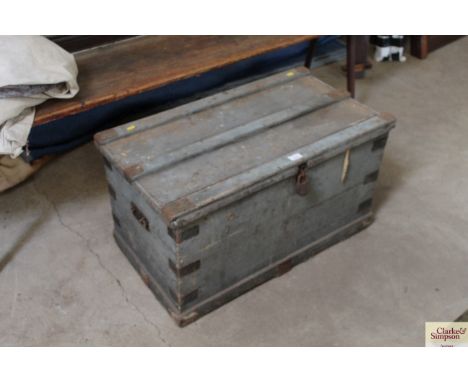 A painted pine and metal bound storage trunk