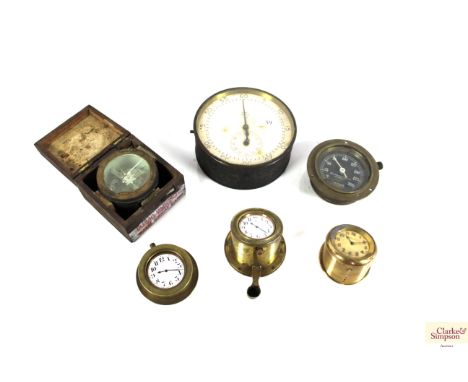 A Dent of London circular clock, various other clocks, Buchanan Bros. of Glasgow pressure gauge and a compass