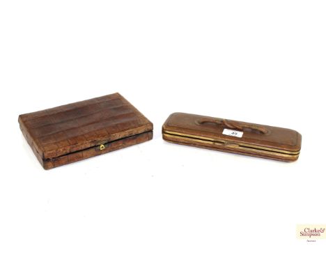A leather and brass mounted Parkins and Gotto glove set case and a crocodile covered trinket box