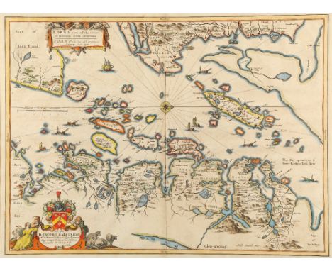 Antique map of the province of Lorn, Scotland, c. 17th century.  Two pages of a book framed as one and hand coloured, mounted