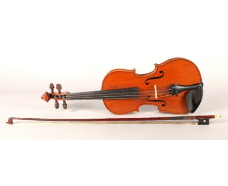 Violin, Stradivarius copy, with bow and case, body length 33cm