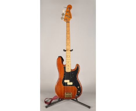 1975 Fender Precision Bass mocha finish electric 4 string guitar with black fret board, serial no 643103 on neck plate, 115cm