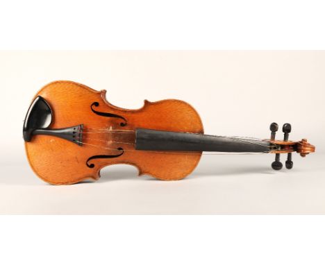 Viola, indistinct paper label inside, two piece back, golden brown in colour, body length 40.5cm, with two damaged bows and c