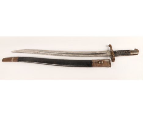 Yataghan Sword Bayonet, with textured grip, blade 58cm long, with metal mounted leather scabbard