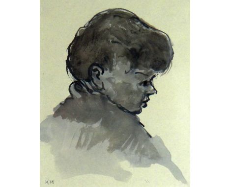 SIR KYFFIN WILLIAMS RA inkwash - circa 1955 head and shoulders portrait of a boy in profile, being the writer and historian '