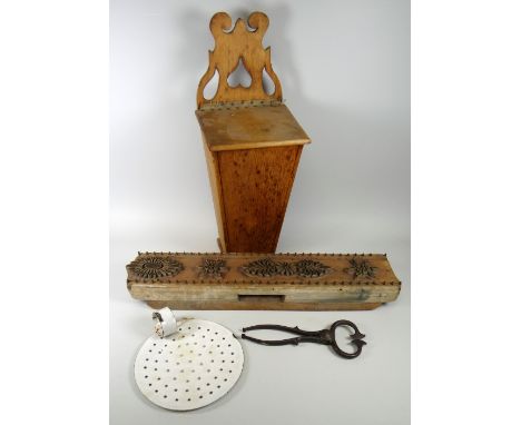 A WELSH PINE CANDLEBOX, METAL SALT-CUTTERS, ENAMEL MILK SKIMMER & PINE SILK PRINTER Provenance: by descent from a generationa