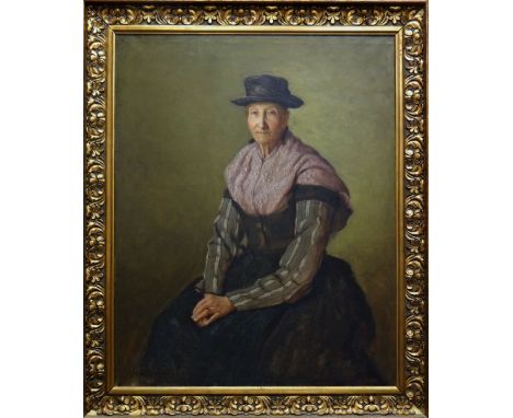 CAREY MORRIS oil on canvas - three-quarter portrait of a seated woman, entitled 'A Welsh Fisherwoman' on Royal Society of Por