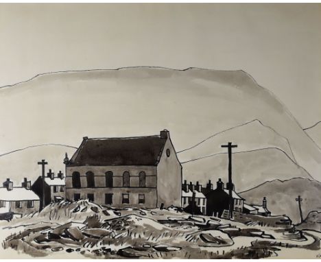 SIR KYFFIN WILLIAMS RA early period inkwash - Gerlan chapel near Bethesda, Gwynedd with the village, telegraph poles and Pen-