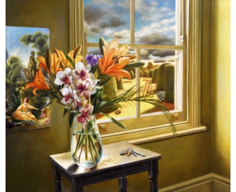 SALLY MOORE oil on board - of narrative form and being an interior with fresh flowers in a vase and keys upon a table by a wi