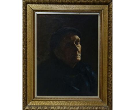CAREY MORRIS oil on canvas - head and shoulders portrait of an elderly Cornish woman, entitled verso on handwritten French la