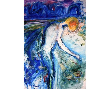 LYN GRANT limited edition (1/250) print - semi abstract portrait of a female leaning forward entitled 'Croesi Afon Cynfal', u