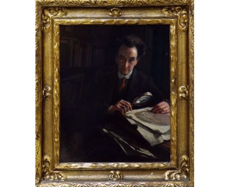 CAREY MORRIS oil on board - portrait of a middle-aged gentleman holding a magnifying glass at a desk, entitled 'The Connoisse