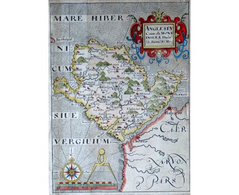 CHRISTOPHER SAXTON coloured antique map of 'Anglesey' with cartouche, compass and scale, 30.5 x 20cms