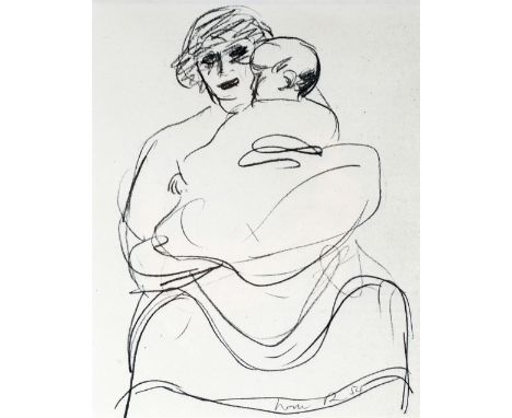WILL ROBERTS pencil sketch - mother and child (believed to be his wife Phyllis and daughter Sian), signed and dated 1954, 14 