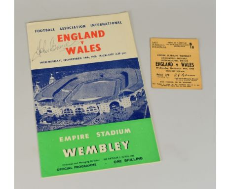 JOHN CHARLES signed programme for England v Wales with ticket stub - the programne cover for the November 14th 1956 tie signe