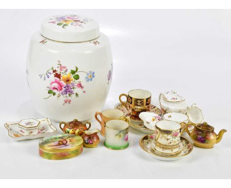 ROYAL CROWN DERBY; a large ginger jar and cover in the 'Derby Posies' pattern, a miniature five piece tea service in the same