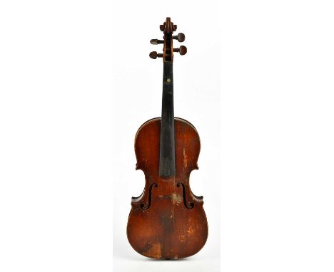 A full size German violin with one-piece back length 35.5cm, unlabelled, cased.Condition Report: Damage comprising various go
