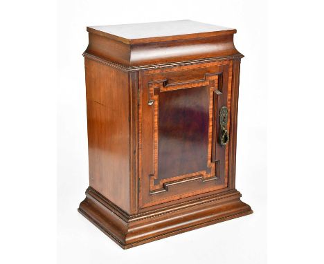 An Edwardian inlaid mahogany Sheraton Revival cabinet with single panelled door enclosing fixed shelf, height 45cm, width 35c