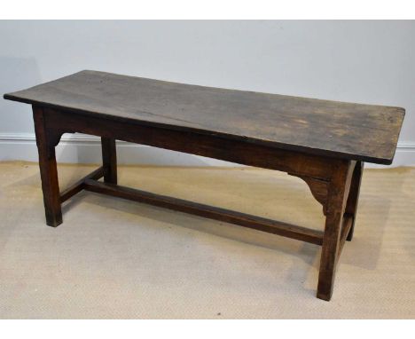 An 18th century style oak refectory type table, with single plank top, on square legs with H-stretcher, height 76cm, length 1