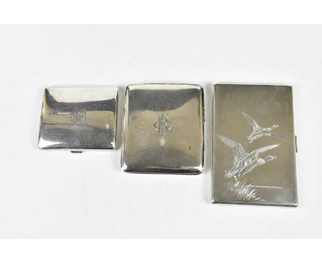 A WILCOX; a George VI hallmarked silver cigarette case with engine turned decoration depicting mallards in flight, Birmingham