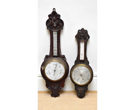 ELSTANCE &amp; CO; a late Victorian carved walnut barometer with thermometer, length 88cm, with an oak barometer with thermom