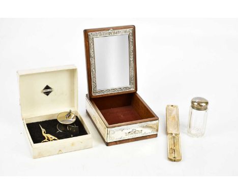 A contemporary sterling silver mounted jewellery casket, a glass top dressing table bottles with hallmarked silver top, a box