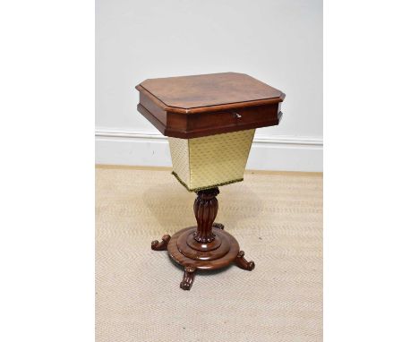 A William IV mahogany sewing table of shaped rectangular form, with undertier basket, on fluted inverted baluster column term