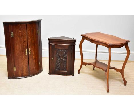 A Georgian oak corner cupboard, height 95cm, width 67cm, depth 46cm,and a similar smaller example and an early 20th century s