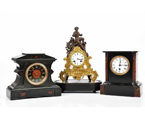 LEROY A PARIS; a French spelter eight day figural mantel clock, on associated base, height 39cm, with two marble mantel clock