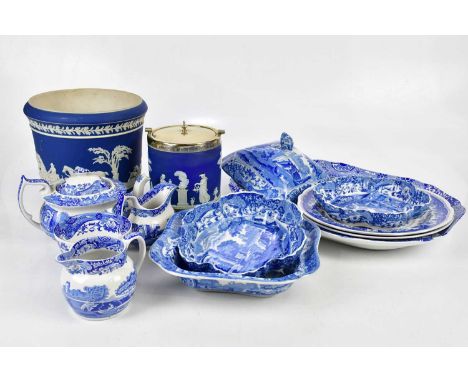 A collection of blue and white ceramics, predominantly Spode Italian, an Adams jasperware jardinière and a 19th century Wedgw