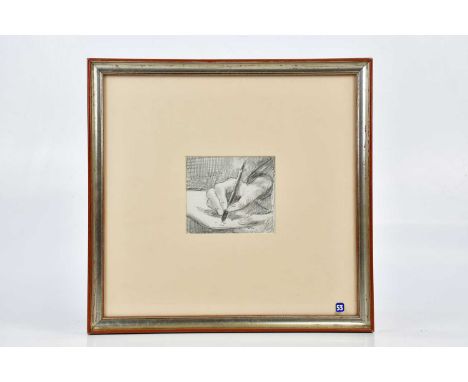 † HAROLD FRANCIS RILEY DL DLITT FRCS DFA ATC (1934-2023); pencil sketch, hand holding pen, signed, 11 x 12cm, framed and glaz