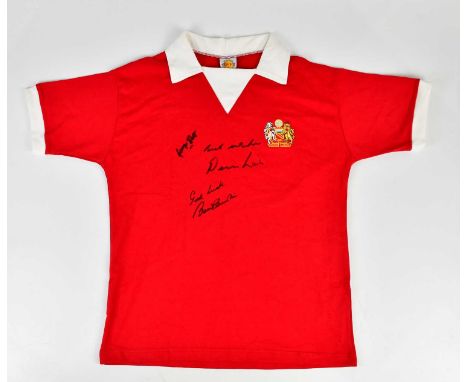 MANCHESTER UNITED; a 1970s replica signed football shirt, signed to the front by Best, Law and Charlton, size M.Condition Rep