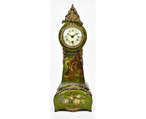 An early 20th century Continental hand painted mantel clock with gilt metal applied decoration, hand painted with figures in 