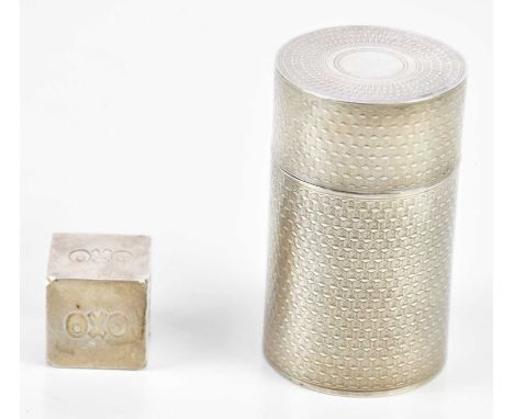 GEORGE UNITE; a Victorian hallmarked silver shaving soap holder with engine turned decoration, Birmingham 1866, and a novelty