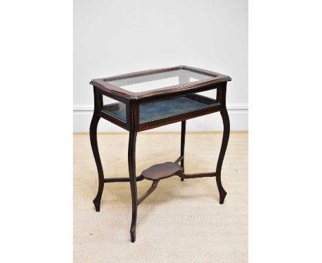 An Edwardian inlaid mahogany bijouterie table/cabinet on cabriole supports, width 61cm, depth 40cm, height 70cm.