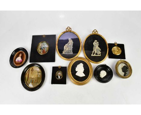 A Victorian oil, portrait miniature of a cavalier beside maiden, 9.5 x 7.5cm, a collection of sillhouettes, a brass portrait 