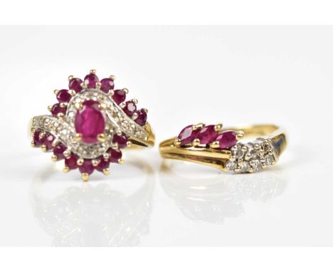 Two 9ct yellow gold simulated ruby dress rings, size K and H, approx combined weight 5.5g.