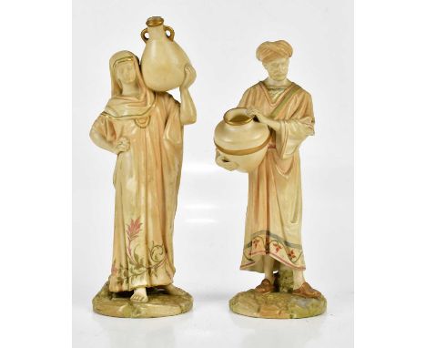 ROYAL WORCESTER; a pair of blush ivory figures, Arab male and female water carriers, numbered 1250, height 22cm (2).Condition