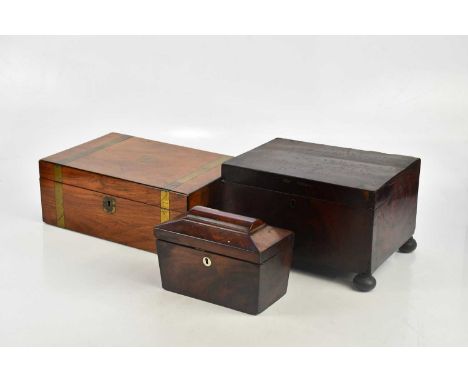 A Victorian brass bound mahogany writing slope with a vacant shield shaped cartouche, length 35cm, a Victorian mahogany jewel